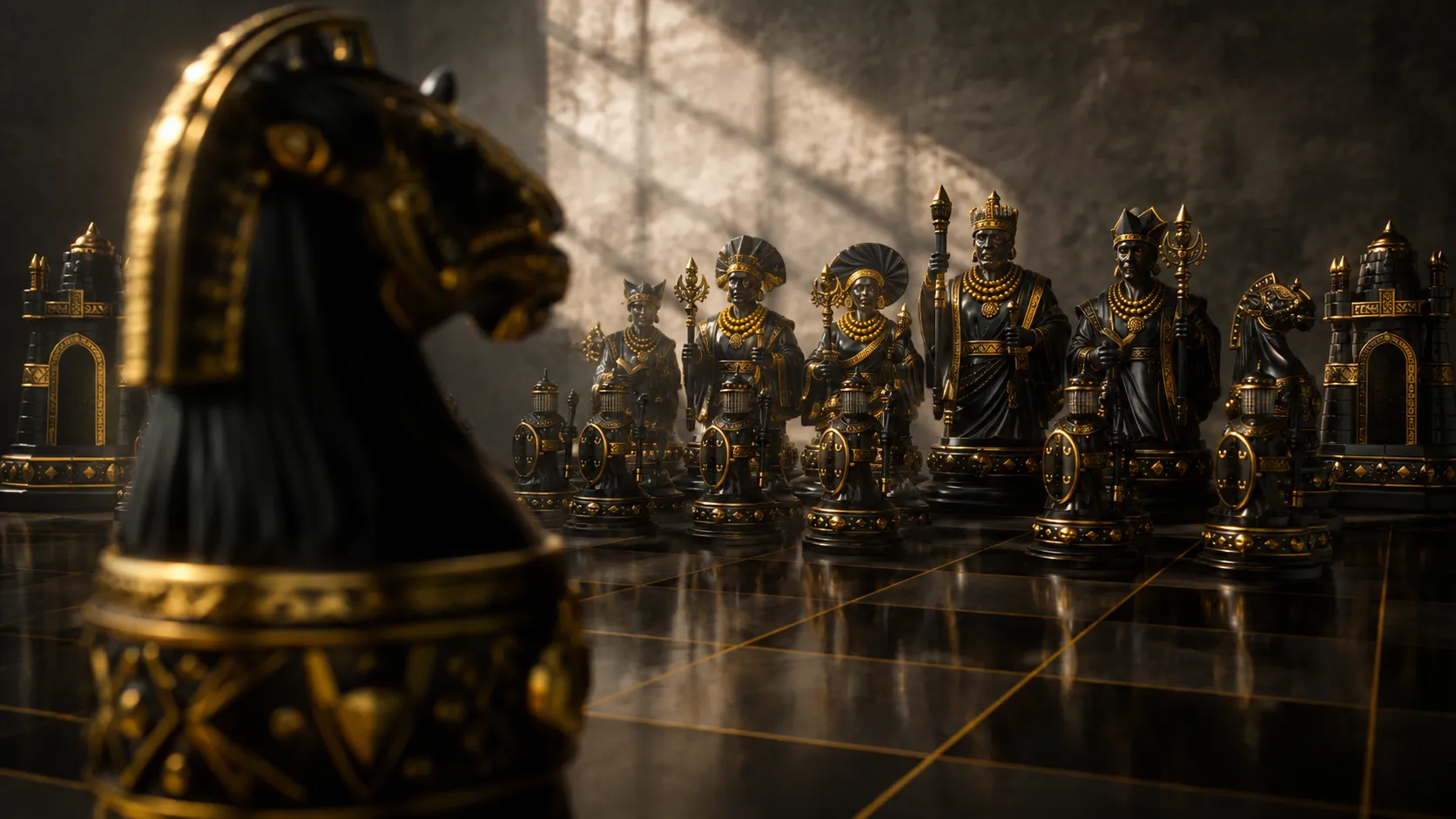 Afrochess pieces in dramatic window light