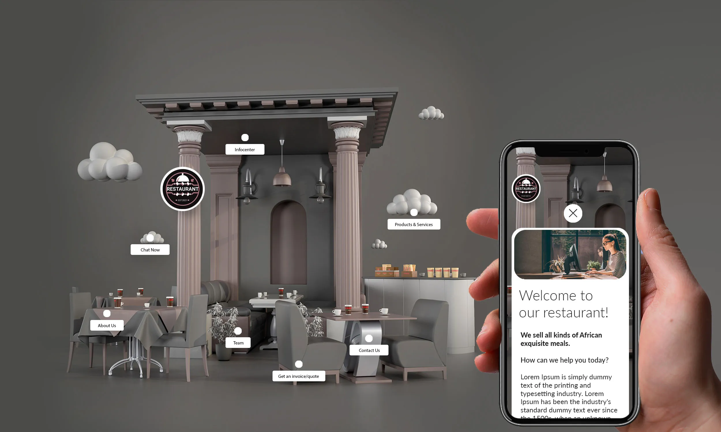 Restaurant microsite concept with digital storefront screens