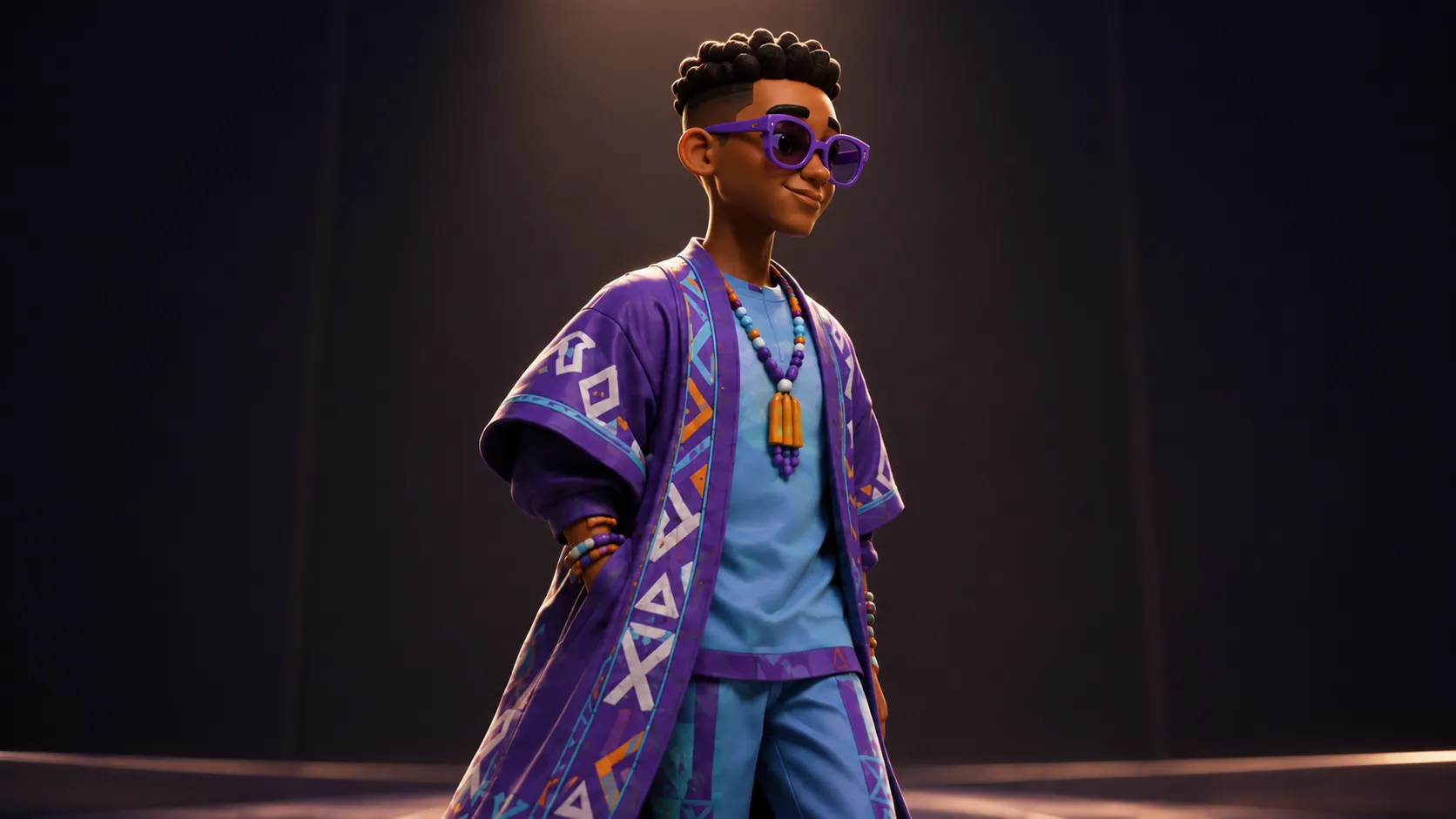 Male Nigerian fashion character entering a dark runway