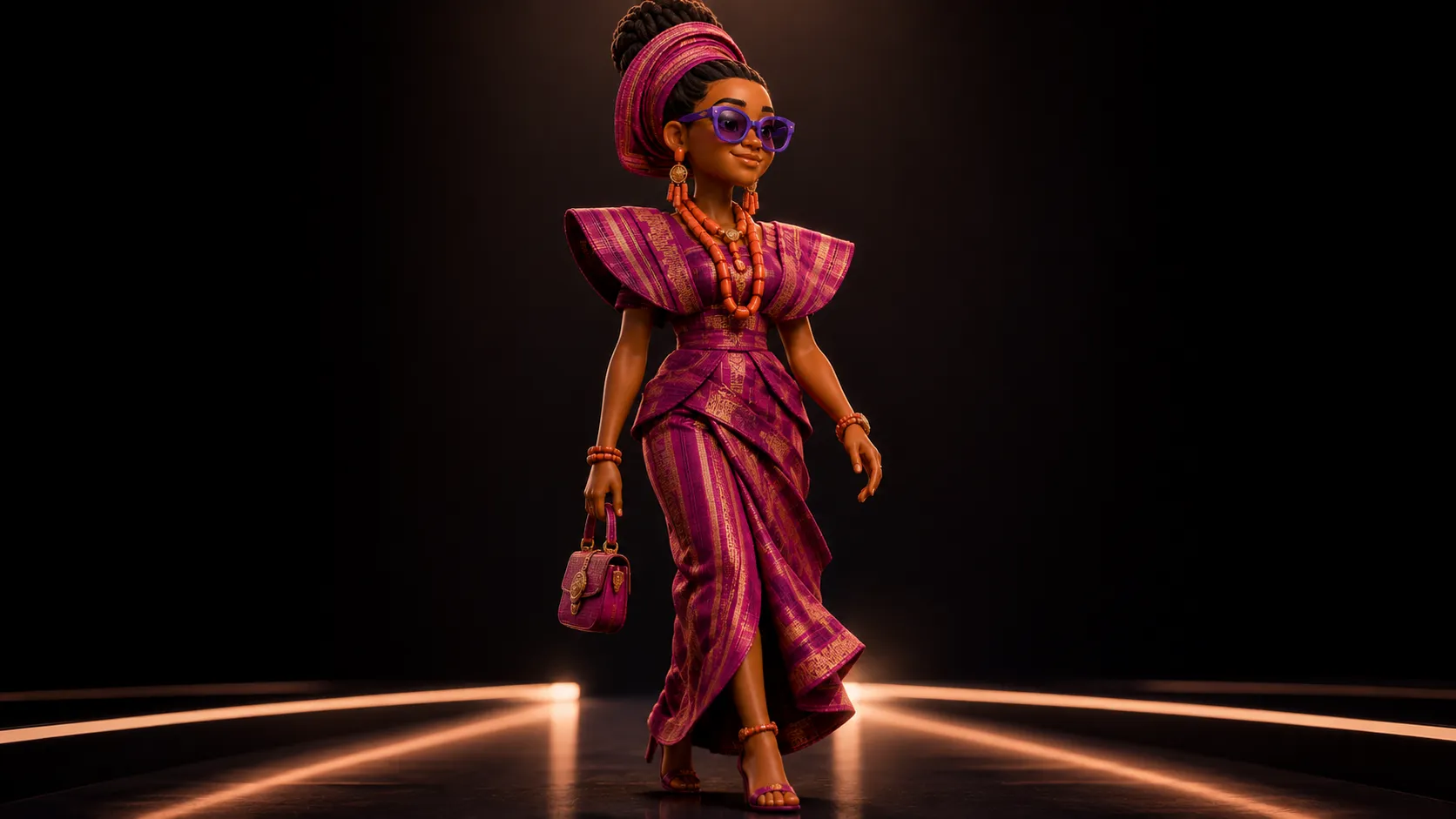 Female fashion character in a sculptural magenta garment