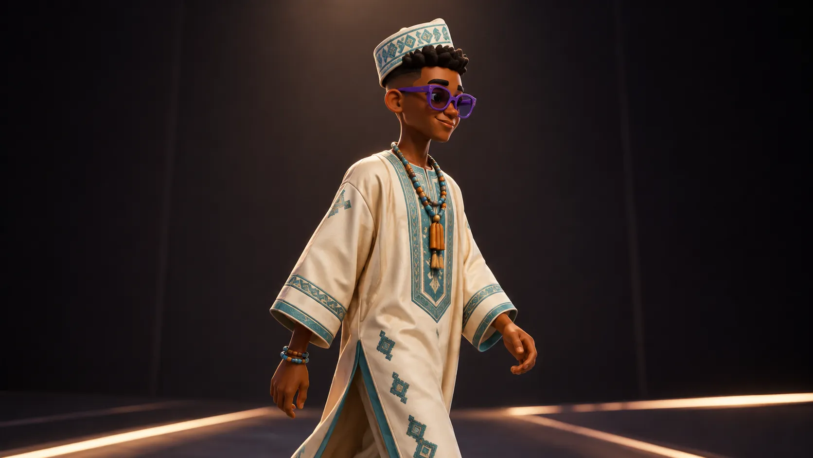 Fashion character in a pale agbada-inspired garment
