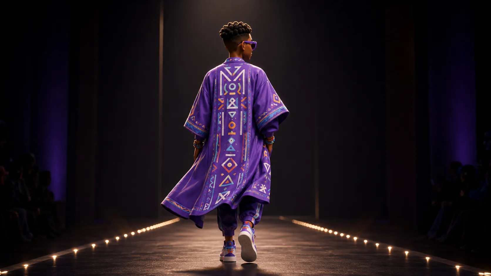 Rear runway view of a purple Nigerian fashion garment