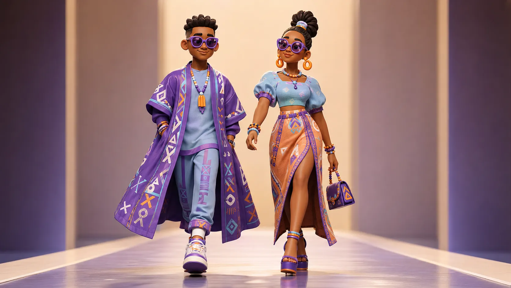 Two Nigerian fashion characters walking together