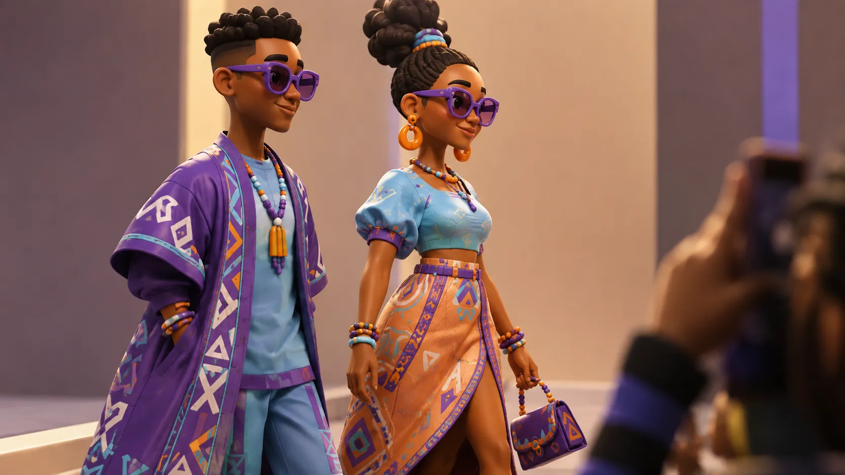 Side view of two fashion characters on a runway