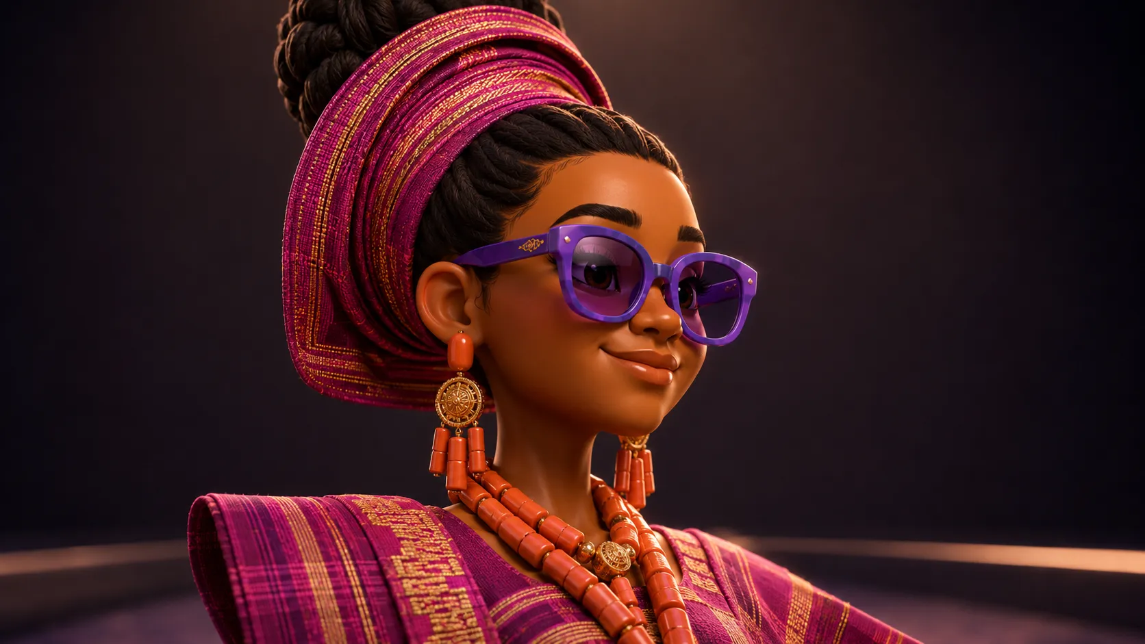 Nigerian fashion character wearing ceremonial-inspired headwear